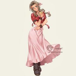 Rule 34 | 1girl, aerith gainsborough, arm belt, bangle, boots, bracelet, braid, braided ponytail, breasts, brown hair, choker, cleavage, cropped jacket, dress, final fantasy, final fantasy vii, final fantasy vii remake, flower, full body, green eyes, hair ribbon, holding, holding flower, jacket, jet kimchrea, jewelry, long dress, long hair, looking at viewer, medium breasts, parted bangs, pink dress, pink ribbon, red jacket, ribbon, short sleeves, sidelocks, signature, simple background, solo, standing, twitter username