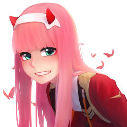 Rule 34 | 1girl, absurdres, bug, butterfly, coat, darling in the franxx, demon horns, green eyes, hairband, highres, horns, insect, long hair, looking at viewer, parted lips, pink hair, red coat, rotogaki, sidelocks, solo, teeth, uniform, upper body, white background, white hairband, zero two (darling in the franxx)