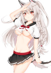 Rule 34 | 1girl, absurdres, animal ears, azur lane, bad id, bad pixiv id, black skirt, blush, braid, breasts, catnnn, collarbone, commentary request, hair ornament, highres, large breasts, long hair, looking at viewer, navel, panties, pencil skirt, pleated skirt, red eyes, red panties, short sleeves, silver hair, simple background, skirt, smile, solo, tail, thick eyebrows, underboob, underwear, white background, yuudachi (azur lane)