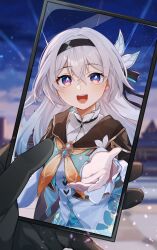 Rule 34 | 1girl, 1other, :d, ascot, black gloves, black hairband, cellphone, chawarabi, commentary request, firefly (honkai: star rail), gloves, grey hair, hairband, highres, holding, holding phone, honkai: star rail, honkai (series), long hair, long sleeves, looking at viewer, open mouth, phone, purple eyes, shirt, smartphone, smile, trailblazer (honkai: star rail), upper body, white shirt, yellow ascot
