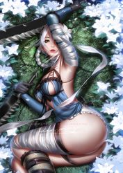 Rule 34 | 1girl, armpits, artist name, ass, bandaged arm, bandaged leg, bandages, breasts, chain, commentary, flower, frills, gloves, green eyes, hair flower, hair ornament, highres, holding, jagged sword, kaine (nier), liang xing, lingerie, lips, looking at viewer, lunar tear, lying, medium breasts, negligee, nier, nier (series), on side, short shorts, shorts, sideboob, signature, simple background, solo, sword, thighs, underwear, weapon, white hair