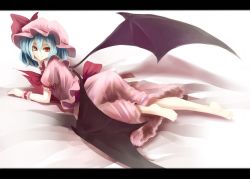 Rule 34 | 1girl, arm support, bad id, bad pixiv id, barefoot, bat wings, blue hair, fami (yellow skies), frills, hat, hat ribbon, head rest, highres, letterboxed, looking at viewer, lying, mob cap, on stomach, red eyes, remilia scarlet, ribbon, short hair, skirt, skirt set, slit pupils, solo, touhou, wings, wrist cuffs