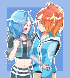 Rule 34 | 2girls, blue hair, clothes swap, coat, glitch productions, hair over one eye, highres, mechanical arms, meta runner, multiple girls, red hair, single mechanical arm, tari (meta runner)