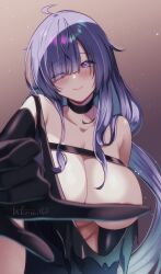 Rule 34 | 1girl, artist name, azur lane, bare shoulders, blush, breasts, censored, censored gesture, flower, foreshortening, hair ornament, hair over one eye, heart, highres, large breasts, long hair, looking at viewer, mogador (azur lane), one eye closed, purple eyes, purple hair, solo, swimsuit, takemi mochi, very long hair