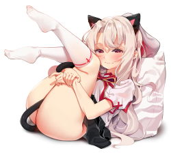 1girl, agnamore, animal ears, bangs, blush, cat ears, cat tail, closed mouth, extra ears, eyebrows visible through hair, fate/grand order, fate (series), feet up, full body, hair between eyes, holding legs, illyasviel von einzbern, kneehighs, long hair, looking at viewer, lying, no shoes, on back, pillow, red eyes, shirt, short sleeves, silver hair, simple background, smile, solo, tail, very long hair, wavy mouth, white background, white legwear, white shirt