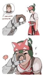 Rule 34 | 2girls, bent over, blurry, breasts, brigitte (overwatch), brown eyes, brown hair, commentary, english commentary, english text, facial mark, fox mask, gloves, green hair, half mask, heart, highres, japanese clothes, kiriko (overwatch), mask, multiple girls, overwatch, overwatch 2, ponytail, red gloves, short ponytail, small breasts, snoot challenge, tears, teecee zhang, vambraces