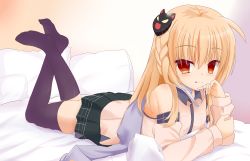 Rule 34 | 1girl, :p, bed, black thighhighs, blonde hair, blush, braid, erniang, highres, looking at viewer, lying, mask, mask on head, naughty face, no shoes, on stomach, pillow, red eyes, school uniform, shiranui (warship girls r), side braid, simple background, solo, thighhighs, tongue, tongue out, warship girls r