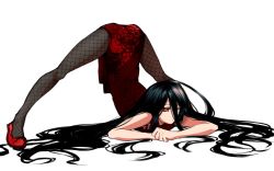 Rule 34 | 1boy, ahoge, ass, bare arms, bare shoulders, black hair, china dress, chinese clothes, commentary, crossdressing, danganronpa (series), danganronpa 2: goodbye despair, dokudokudoku, dress, fishnets, flexible, flower, full body, hair between eyes, highres, jack-o&#039; challenge, kamukura izuru, long hair, meme, pantyhose, red dress, red eyes, red footwear, shoes, simple background, sleeveless, sleeveless dress, solo, spider lily, spread legs, symbol-only commentary, top-down bottom-up, trap, white background