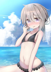 1girl absurdres bikini bikini_skirt black_bikini blue_sky blush cloud day embarrassed frills girls&#039;_frontline highres light_brown_hair looking_at_viewer low_ponytail m200_(girls&#039;_frontline) messy_hair ocean ponytail purple_eyes rotroto sky solo swimsuit water