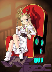 Rule 34 | 1girl, ahoge, antenna hair, armored warriors, belt, blonde hair, blue eyes, boots, breasts, brooch, capcom, chair, corset, crown, cyberbots, devilot de deathsatan ix, dress, covered erect nipples, female focus, forehead, full body, glowing, hair slicked back, high heels, jewelry, long hair, princess, ruuen rouga, shoes, sitting, small breasts, solo, throne, turtleneck