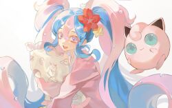 Rule 34 | 1girl, absurdly long hair, blue eyes, blue hair, colored eyelashes, commentary, creatures (company), curly hair, fairy miku (project voltage), flower, game freak, gen 1 pokemon, hair flower, hair ornament, hatsune miku, highres, holding, holding pillow, jigglypuff, lee0124, long hair, long sleeves, looking at viewer, multicolored eyes, multicolored hair, nintendo, open mouth, pillow, pink eyes, pink hair, pink shirt, pokemon, project voltage, red flower, shirt, sidelocks, simple background, smile, twintails, two-tone hair, upper body, very long hair, vocaloid, white background, yellow flower