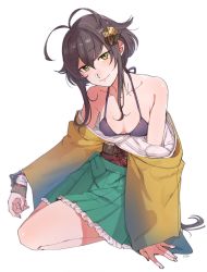 Rule 34 | antenna hair, bad id, bad pixiv id, bare shoulders, bra, breasts, brown hair, cleavage, edoshiyakata (oshiro project), fig (lchijiku), green skirt, hair ornament, hakama, hakama short skirt, hakama skirt, highres, japanese clothes, kimono, long hair, looking at viewer, low-tied long hair, off shoulder, oshiro project:re, oshiro project:re, pleated skirt, purple bra, seiza, sidelocks, simple background, sitting, skirt, small breasts, smile, solo, underwear, very long hair, white background