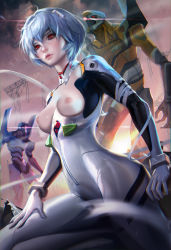 Rule 34 | 1girl, artist name, ayanami rei, bandages, blue hair, bodysuit, breastless clothes, breasts, eva 00, from below, highres, lens flare, lips, mecha, neon genesis evangelion, nipples, outdoors, parted lips, plugsuit, red eyes, robot, sakimichan, short hair, solo, sunset