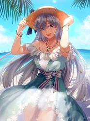 Rule 34 | 1girl, absurdres, anastasia (fate), anastasia (swimsuit archer) (fate), anastasia (swimsuit archer) (first ascension) (fate), bare shoulders, beach, blue dress, blue eyes, blue sky, blush, bracelet, breasts, collarbone, dress, earrings, fate/grand order, fate (series), hair over one eye, hat, highres, jewelry, kankitsurui (house of citrus), large breasts, long hair, looking at viewer, necklace, open mouth, palm leaf, pendant, see-through, see-through skirt, shore, silver hair, skirt, sky, smile, solo, straw hat, thighs, very long hair