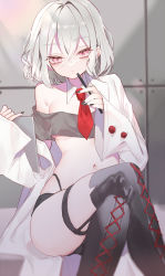 Rule 34 | 1girl, black footwear, black shorts, boots, breasts, cross-laced footwear, crossed legs, detached collar, grey hair, hair between eyes, highres, hinamori (18ar0), holding, holding pen, lab coat, lace-up boots, legwear garter, looking at viewer, medium hair, micro shorts, navel, necktie, off shoulder, original, pen, pink eyes, shorts, sitting, small breasts, solo, thigh boots, wing collar