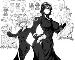 Rule 34 | 2girls, angry, ball busting, bdsm, black dress, breasts, castration, cbt, clenched hand, covered erect nipples, crushing, curly hair, dress, female focus, fubuki (one-punch man), guro, hard-translated, large breasts, linea alba, looking at viewer, monochrome, multiple girls, one-punch man, pain, ruptured testicle, short hair, skin tight, skindentation, small breasts, spacezin, tatsumaki, testicles, third-party edit, translated, white background, wide hips