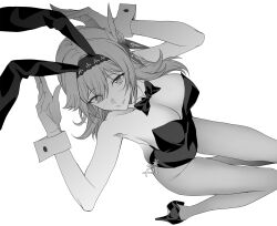 Rule 34 | 1girl, absurdres, alternate costume, animal ears, asymmetrical hair, black hairband, black leotard, bow, bowtie, breasts, detached collar, eula (genshin impact), fake animal ears, genshin impact, greyscale, hair ornament, hairband, highleg, highleg leotard, highres, leotard, medium breasts, medium hair, monochrome, playboy bunny, rabbit ears, simple background, smile, solo, strapless, strapless leotard, takai isshiki, traditional bowtie, white background, wrist cuffs