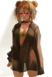 Rule 34 | 1girl, bad id, bad pixiv id, black choker, blush, bra, breasts, brown shirt, choker, cleavage, collarbone, dano, double bun, feet out of frame, girls&#039; frontline, green bra, hair bun, highres, light brown hair, lock, looking at viewer, medium breasts, medium hair, one-hour drawing challenge, open clothes, open mouth, open shirt, p90 (girls&#039; frontline), panties, red eyes, shirt, solo, standing, underwear, white background