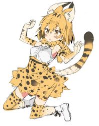 Rule 34 | 10s, 1girl, animal ears, araki kanao, blonde hair, bow, bowtie, commentary, cross-laced footwear, elbow gloves, extra ears, full body, gloves, high-waist skirt, jumping, kemono friends, open mouth, print bow, print bowtie, print gloves, print neckwear, print skirt, serval (kemono friends), serval print, serval tail, shoes, short hair, simple background, skirt, sleeveless, solo, striped tail, tail, thighhighs, w arms, white background, white footwear, yellow bow, yellow bowtie, yellow eyes, yellow gloves, yellow skirt, yellow thighhighs