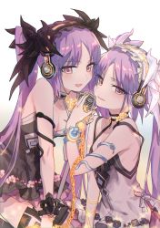 Rule 34 | 2girls, absurdres, armlet, bare shoulders, black dress, blush, breasts, chain, collarbone, dress, euryale (fate), euryale (twin star divas) (fate), fate/grand order, fate/hollow ataraxia, fate (series), frilled hairband, frills, gradient background, hairband, headphones, highres, koimizu, long hair, looking at viewer, microphone, multiple girls, purple eyes, purple hair, siblings, sisters, small breasts, smile, stheno (fate), stheno (twin star divas) (fate), twins, twintails, white dress