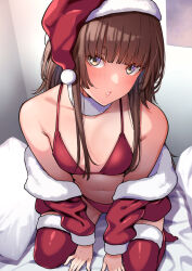 Rule 34 | 1girl, amagami, bed sheet, bikini, blunt bangs, blush, breasts, brown eyes, brown hair, capelet, collar, commentary request, fur-trimmed capelet, fur-trimmed headwear, fur-trimmed thighhighs, fur collar, fur trim, hat, highres, kamizaki risa, kneeling, long hair, long sleeves, looking at viewer, multicolored eyes, navel, parted lips, pillow, red bikini, red capelet, red hat, red thighhighs, santa hat, shouji nigou, small breasts, solo, swimsuit, thighhighs, white collar