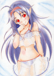 Rule 34 | 1girl, ahoge, bare shoulders, bikini, blush, breasts, hairband, looking at viewer, navel, official alternate costume, parted bangs, pointy ears, purple hair, red eyes, red hairband, see-through, small breasts, smile, solo, swimsuit, sword art online, takappe, yuuki (sao)