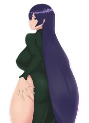 Rule 34 | 1girl, absurdres, ass, breasts, dress, fate (series), fraankyy, from behind, green dress, highres, large breasts, long hair, looking at viewer, minamoto no raikou (fate), purple eyes, purple hair, simple background, standing, thick thighs, thighs, very long hair, white background, wide hips