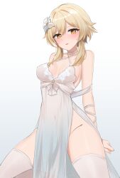 Rule 34 | 1girl, absurdres, alternate costume, arms behind back, bare shoulders, blonde hair, blush, breasts, choker, covered navel, dress, evening gown, feint721, flower, genshin impact, grey background, groin, hair flower, hair ornament, highres, invisible floor, lipstick, looking at viewer, lumine (genshin impact), makeup, medium breasts, parted lips, pelvic curtain, short hair with long locks, side slit, simple background, sitting, solo, thighhighs, thighs, white choker, white dress, white footwear, white thighhighs, yellow eyes