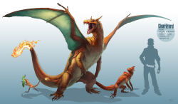 Rule 34 | absurdres, arvalis, baseball cap, blue eyes, caterpie, character name, charizard, charmander, charmeleon, claws, commentary, creature, creatures (company), deviantart username, dragon, english commentary, flame-tipped tail, game freak, gen 1 pokemon, gradient background, hat, height, highres, holding, holding poke ball, monster, nintendo, open mouth, poke ball, pokemon, pokemon (creature), realistic, scales, shadow, sharp teeth, teeth