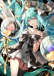 Rule 34 | 1girl, :d, absurdres, ahoge, balloon, black bow, black dress, black thighhighs, blue eyes, blue hair, bow, character name, commentary request, dress, earrings, feathered wings, garter straps, gloves, hair bow, happy birthday, hatsune miku, head tilt, heart, heart balloon, heart earrings, heart hands, highres, jewelry, long hair, looking at viewer, okuma mai, open mouth, single thighhigh, smile, solo, strapless, strapless dress, teeth, thighhighs, twintails, upper teeth only, very long hair, vocaloid, white gloves, white wings, wings