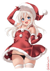 Rule 34 | 1girl, :d, alternate costume, black panties, blonde hair, blue eyes, blush, breasts, christmas, collarbone, cowboy shot, dress, ebifurya, elbow gloves, gloves, hair between eyes, hat, highres, kantai collection, looking at viewer, one-hour drawing challenge, open mouth, panties, red dress, red gloves, ro-500 (kancolle), santa costume, santa hat, simple background, small breasts, smile, solo, string panties, thighhighs, twitter username, underwear, white background, white thighhighs