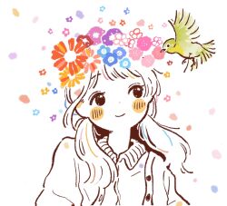 Rule 34 | 1girl, arms at sides, bird, blue flower, blush stickers, closed mouth, collared shirt, dot nose, flower, green bird, hair flower, hair ornament, highres, humi natsu, long hair, long sleeves, looking at animal, low twintails, orange flower, original, pigeon, pink flower, red flower, shirt, short bangs, sidelocks, simple background, smile, solid circle eyes, solo, twintails, upper body, white background, white shirt