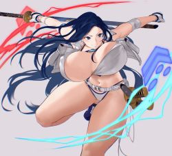 Rule 34 | 1girl, absurdres, armband, attack, bikini, bikini bottom only, blue eyes, blue hair, bouncing breasts, breasts, cleavage, covered erect nipples, cropped jacket, earrings, gloves, highres, holding, holding sword, holding weapon, huge breasts, invincible dragon (last origin), jewelry, katana, last origin, leg lift, long hair, original, procreate (medium), rowkiba, scabbard, sheath, sheathed, shoes, simple background, smile, sneakers, standing, standing on one leg, swimsuit, sword, unaligned breasts, very long hair, weapon