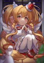 Rule 34 | 1girl, absurdres, angel wings, animal ears, ankle strap, bag, blonde hair, blurry, blurry foreground, blush, braid, child, christmas, closed mouth, commentary, constricted pupils, eyelashes, full body, gift, granblue fantasy, hair between eyes, hair ornament, hat, highres, indoors, knees together feet apart, long hair, looking at viewer, mahira (granblue fantasy), own hands clasped, own hands together, pantyhose, pyonsan, red eyes, red footwear, red ribbon, ribbon, sack, shadow, shirt, sitting, skirt, smile, snow, solo, split mouth, star (symbol), star hair ornament, tilted headwear, twin braids, twintails, very long hair, white pantyhose, white shirt, white skirt, window, wings