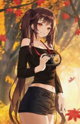 Rule 34 | 1girl, absurdres, autumn, autumn leaves, bare shoulders, black shirt, blurry, breasts, brown hair, camera, casual, cleavage, contemporary, cowboy shot, depth of field, falling leaves, flower-shaped pupils, genshin impact, highres, holding, holding camera, hu tao (genshin impact), hyonee, leaf, lens flare, lens flare abuse, long hair, long sleeves, looking at viewer, maple leaf, medium breasts, midriff, navel, red eyes, shirt, short shorts, shorts, smile, solo, symbol-shaped pupils, thighs, twintails