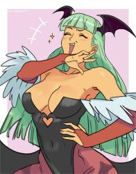 Rule 34 | 1girl, absurdres, bat wings, breasts, capcom, cleavage, covered navel, demon girl, green hair, hand on own hip, highres, large breasts, laughing, long hair, morrigan aensland, ojou-sama pose, open mouth, solo, vampire (game), wings