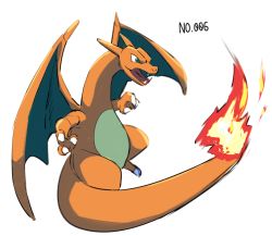 Rule 34 | charizard, claws, creatures (company), fangs, fire, fire, flame-tipped tail, from side, game freak, gen 1 pokemon, green eyes, morio (poke orio), nintendo, no humans, open mouth, pokedex number, pokemon, pokemon (creature), solo, tongue, white background