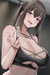Rule 34 | 1girl, :d, bare arms, bare shoulders, black hair, blush, breasts, clothing cutout, collarbone, commentary request, highres, large breasts, long hair, looking at viewer, o-ring, oekakizuki, open mouth, original, parted lips, purple eyes, sidelocks, sleeveless, smile, sports bra, twintails, underboob, underboob cutout, upper body