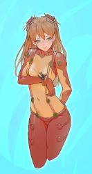 Rule 34 | 1girl, blue background, blue eyes, bodysuit, embarrassed, evangelion: 2.0 you can (not) advance, hair ornament, hairclip, highres, interface headset, long hair, multicolored bodysuit, multicolored clothes, neon genesis evangelion, orange bodysuit, plugsuit, rebuild of evangelion, red bodysuit, red hair, see-through, simple background, skin tight, solo, souryuu asuka langley, test plugsuit, timbougami, twintails, two side up