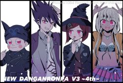 Rule 34 | 108 (toowa), 2boys, 2girls, :d, :o, black hair, black headwear, blush, blush stickers, brown hair, brown vest, cigarette, collarbone, collared shirt, commentary request, copyright name, danganronpa (series), danganronpa v3: killing harmony, double v, dress shirt, facial hair, fake horns, finger to mouth, flat chest, goatee, grey background, grey hair, grey shirt, grin, hair ornament, hands up, hat, highres, holding, holding cigarette, horned headwear, horns, hoshi ryoma, index finger raised, jacket, jewelry, leather, leather jacket, long hair, long sleeves, looking at viewer, miniskirt, momota kaito, multiple boys, multiple girls, navel, necklace, open clothes, open jacket, open mouth, open shirt, pants, pink jacket, print shirt, red eyes, red hair, red skirt, shell, shell necklace, shirt, short hair, simple background, skirt, smile, spiked hair, stomach, striped clothes, striped pants, two-tone shirt, v, vest, watermark, witch hat, yonaga angie, yumeno himiko