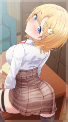 Rule 34 | 1girl, absurdres, ass, blonde hair, blue eyes, breasts, desk, from behind, grin, hair ornament, high-waist skirt, highres, hololive, hololive english, indoors, large breasts, looking at viewer, looking back, looking up, miniskirt, mp150 plus, plaid, plaid skirt, shirt, shirt tucked in, short hair, skirt, smile, solo, taut clothes, taut skirt, teeth, thigh strap, thighhighs, virtual youtuber, watson amelia, white shirt, zettai ryouiki