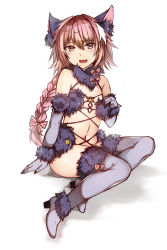 Rule 34 | 1boy, :d, animal ears, astolfo (fate), bad id, bad pixiv id, blush, convenient leg, cosplay, elbow gloves, fang, fate/apocrypha, fate/grand order, fate (series), gloves, halloween costume, highres, long hair, looking at viewer, male focus, mash kyrielight, mash kyrielight (dangerous beast), mash kyrielight (dangerous beast) (cosplay), nagatsuki take, navel, official alternate costume, open mouth, pink hair, shielder (fate/grand order) (cosplay), smile, solo, tail, trap, underwear, wolf ears