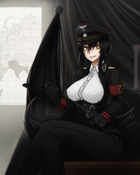Rule 34 | 1girl, animal ears, breasts, covered erect nipples, cross, facial mark, female focus, grin, hat, highres, holding, holding riding crop, insignia, iron cross, large breasts, less, looking at viewer, map, military, military uniform, monster girl, nazi, reichsadler, riding crop, sitting, smile, solo, tail, uniform, whisker markings, wolf tail, yellow eyes