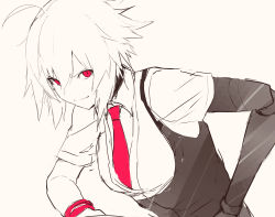 Rule 34 | 1girl, black vest, bracelet, closed mouth, dana zane, ff frbb122, greyscale, highres, jewelry, looking at viewer, mechanical arms, medium hair, monochrome, necktie, red eyes, red neckwear, shirt, simple background, single mechanical arm, smile, solo focus, va-11 hall-a, vest, white shirt