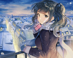 Rule 34 | 1girl, black coat, black eyes, black hair, blue hair, box, cityscape, coat, commentary request, gift, gift box, holding, holding gift, long sleeves, looking at viewer, looking back, night, night sky, original, railing, scarf, sibyl, sky, smile, solo, two side up, upper body, valentine