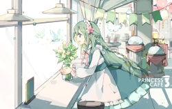 Rule 34 | 1girl, apron, balloon, blush, braid, ceiling light, chair, chika (princess connect!), collared shirt, dress, flower, frilled dress, frills, green dress, hair flower, hair ornament, hair ribbon, indoors, long hair, long sleeves, looking away, maid, maid apron, neck ribbon, parted lips, pink flower, pink ribbon, princess connect!, profile, ribbon, serving dome, shadowsinking, shirt, sleeveless, sleeveless dress, smile, solo, table, very long hair, white apron, white flower, white shirt, window, yellow ribbon