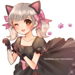 Rule 34 | 1girl, :d, animal ears, black cat d.va, black dress, black gloves, blush, bow, brown eyes, cat ears, commentary request, d.va (overwatch), dress, facebook username, fang, gloves, grey hair, hair bow, heart, heart-shaped pupils, highres, kaoruru (sakuno2911), looking at viewer, one eye closed, open mouth, overwatch, overwatch 1, paw print, pink bow, puffy short sleeves, puffy sleeves, short sleeves, smile, solo, symbol-shaped pupils, twintails, upper body, watermark, web address