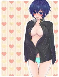 Rule 34 | 1girl, atlus, bad id, bad pixiv id, blue hair, blush, breasts, cleavage, highres, jida, midriff, navel, no pants, open clothes, open mouth, open shirt, panties, persona, persona 4, shirogane naoto, shirt, short hair, solo, striped clothes, striped panties, thigh gap, thighs, underwear