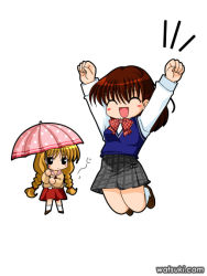 Rule 34 | 00s, chibi, chibi only, one - kagayaku kisetsu e, satomura akane, school uniform, serafuku, shiko, umbrella, watsuki ayamo, yuzuki shiiko
