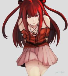 Rule 34 | 1girl, beatmania, beatmania iidx, bent over, cowboy shot, female focus, grey background, long hair, looking at viewer, red eyes, red hair, simple background, skirt, solo, standing, tongue, tongue out, umegiri ameto, yamikyon